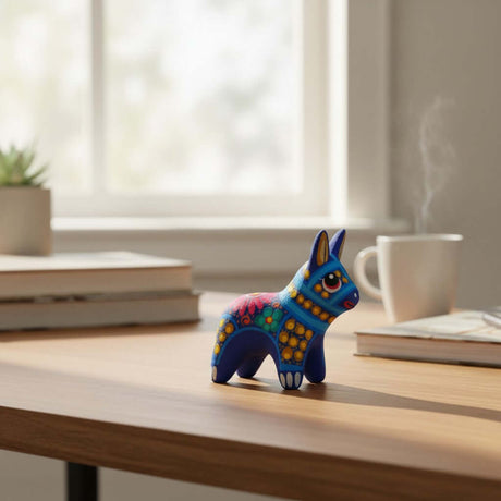 The Talavera Hub hand-painted ceramic donkey figurine with vibrant multicolor Mexican folk art patterns on a desk.