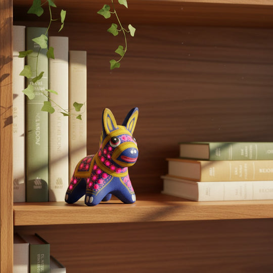 The Talavera Hub hand-painted ceramic donkey figurine with vibrant multicolor folk art patterns on a wooden bookshelf.