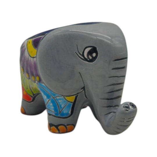 The Talavera Hub hand-painted ceramic elephant planter in grey with colorful floral patterns for succulents