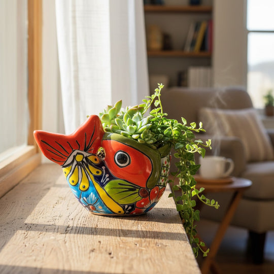 The Talavera Hub hand-painted ceramic fish planter in vibrant red, yellow, and blue with succulents on a windowsill.