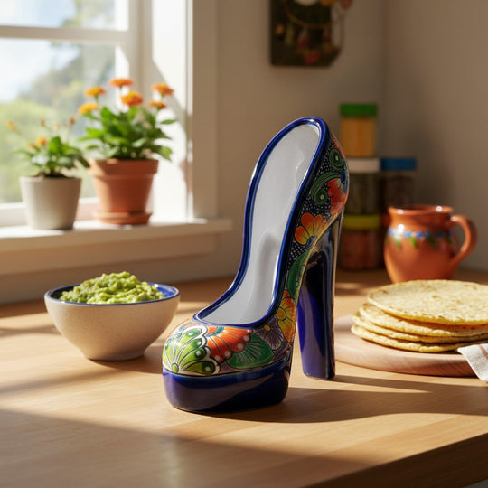 The Talavera Hub handcrafted ceramic high heel statue featuring vibrant multicolor floral patterns on a kitchen counter.