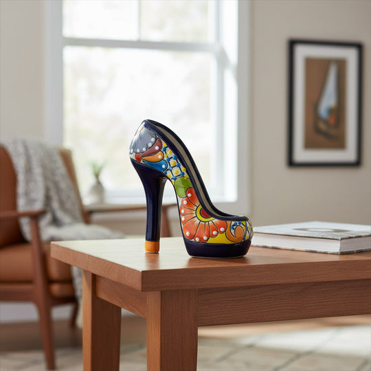 The Talavera Hub handmade ceramic high heel statue featuring vibrant hand-painted floral patterns on a wooden table.