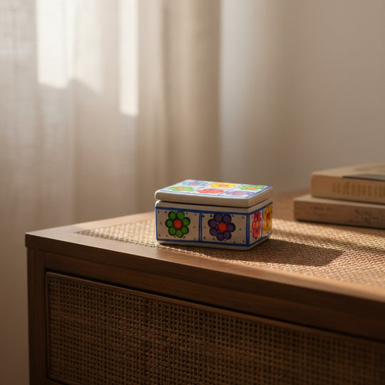 The Talavera Hub hand-painted ceramic Guerrero jewelry box with colorful floral patterns on a wooden dresser.