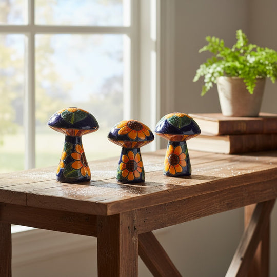 The Talavera Hub set of 3 ceramic mushrooms, hand-painted with sunflowers and green leaves on a dark blue background.