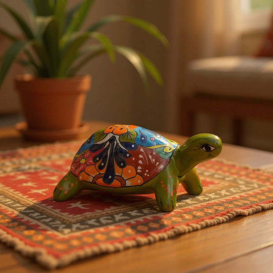 The Talavera Hub hand-painted ceramic sea turtle statue with vibrant Mexican folk art patterns on a patterned rug.