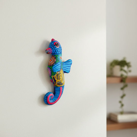 The Talavera Hub handcrafted ceramic seahorse wall art with vibrant, hand-painted Mexican folk-art patterns.