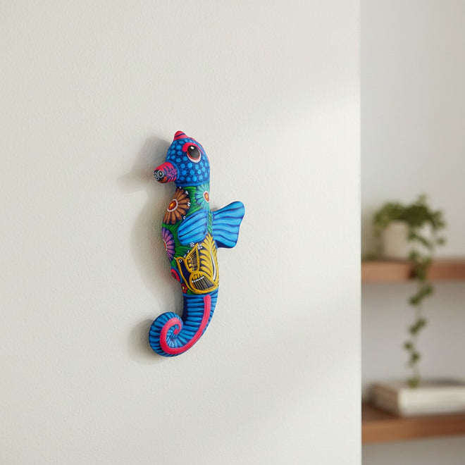 The Talavera Hub handcrafted ceramic seahorse wall art with vibrant, hand-painted Mexican folk-art patterns.