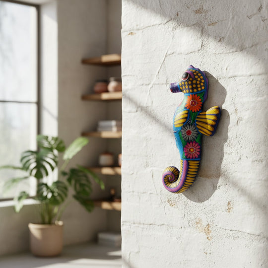 The Talavera Hub handcrafted ceramic seahorse wall art with vibrant, hand-painted Mexican folk-art floral patterns.