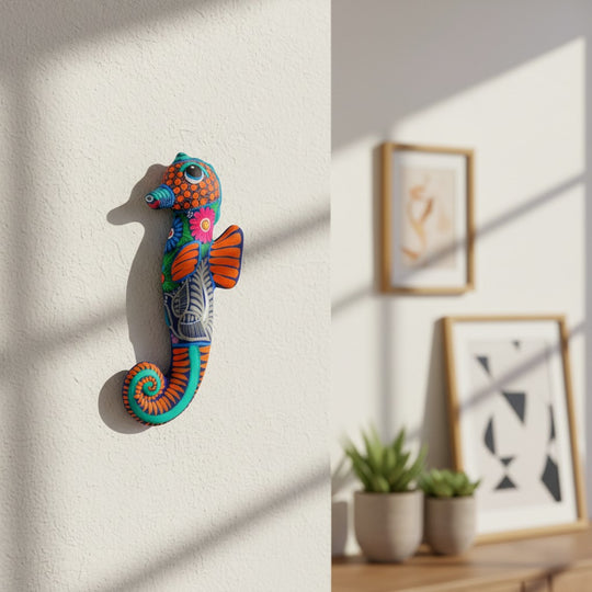 The Talavera Hub handcrafted ceramic seahorse wall art with vibrant, hand-painted Mexican folk-art patterns.