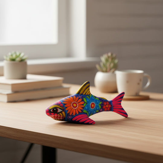 The Talavera Hub handcrafted ceramic shark figurine with vibrant Mexican folk art floral patterns on a wooden desk.