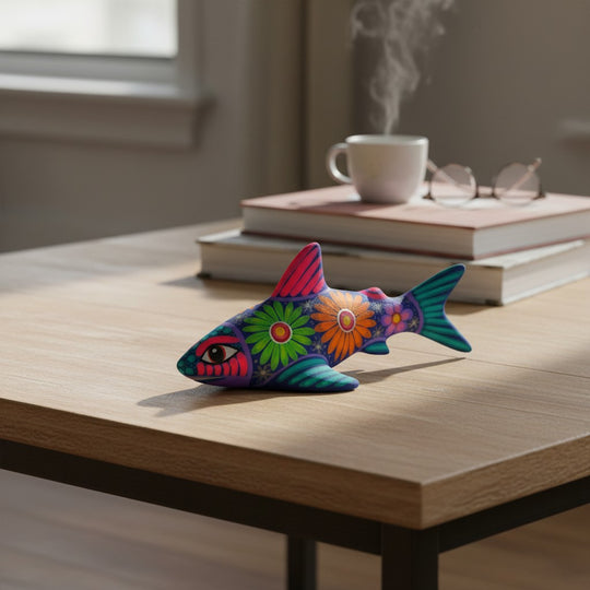The Talavera Hub handcrafted ceramic shark figurine with vibrant Mexican folk-art floral patterns on a wooden table.