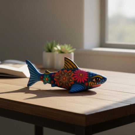 The Talavera Hub handcrafted ceramic shark figurine with vibrant Mexican folk-art patterns on a wooden desk.