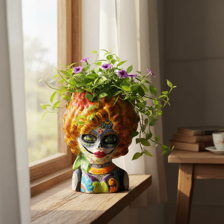 The Talavera Hub hand-painted ceramic lady skull planter with yellow hair and floral details on a wooden windowsill.
