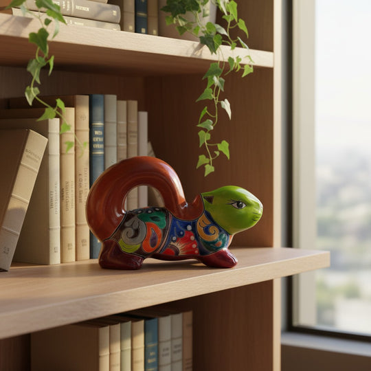 The Talavera Hub hand-painted ceramic squirrel statue with vibrant floral patterns on a wooden bookshelf.