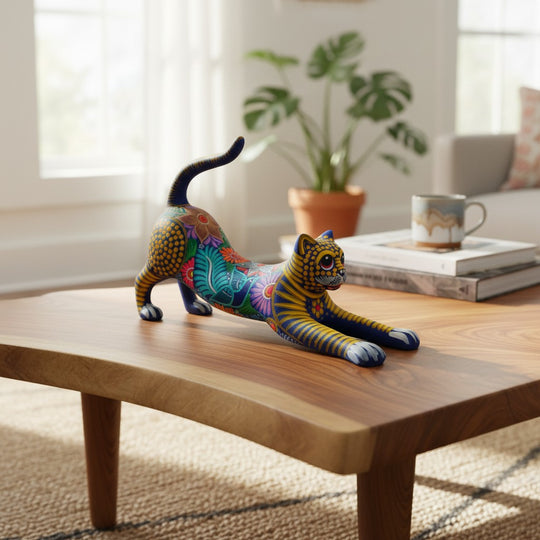 The Talavera Hub handcrafted ceramic stretching cat figurine with vibrant hand-painted Mexican folk art patterns.