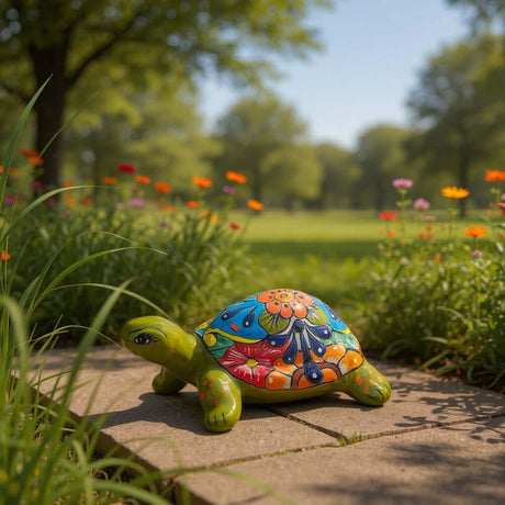 The Talavera Hub hand-painted ceramic sea turtle statue with vibrant floral patterns in a sunny garden setting.