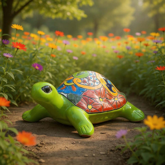 The Talavera Hub hand-painted ceramic sea turtle statue with vibrant floral patterns in a sunny garden setting.