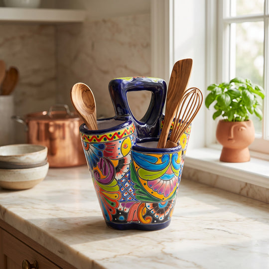 The Talavera Hub hand-painted ceramic utensil holder with three compartments and vibrant Mexican floral patterns.