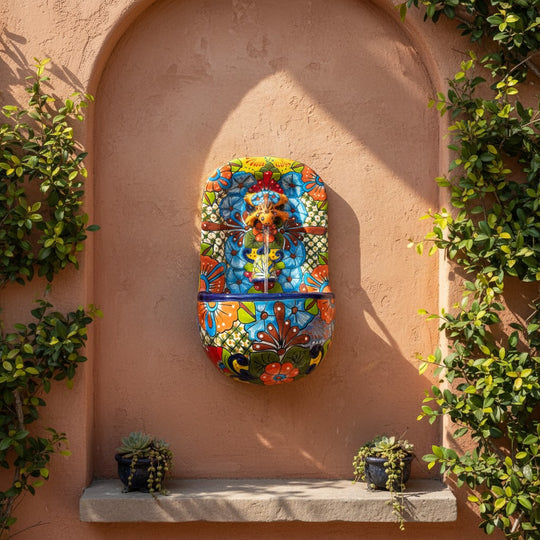 The Talavera Hub handcrafted ceramic wall fountain with frog spout, hand-painted floral and geometric patterns in blue, orange, red, yellow, and green.