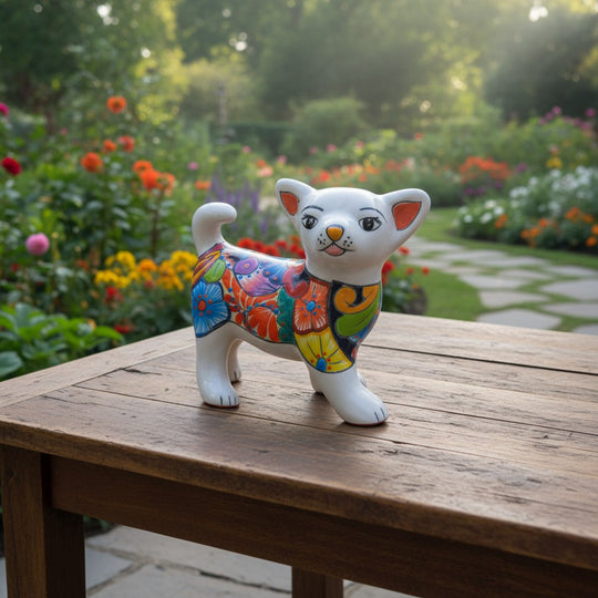 The Talavera Hub white ceramic Chihuahua figurine with colorful floral Talavera patterns, red ears, and orange nose.