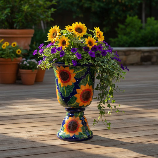 The Talavera Hub Cobalt Blue Sunflower Pedestal Planter, handcrafted ceramic with hand-painted sunflowers and green leaves.