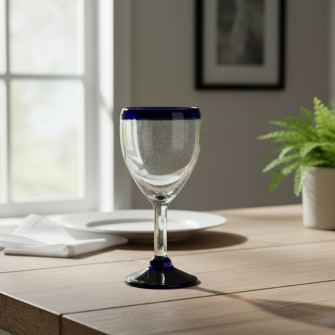 The Talavera Hub hand-blown Mexican wine glass with a clear bowl, cobalt blue rim, and black base. Holds 12 oz.