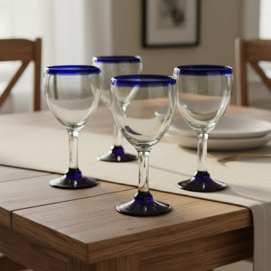 The Talavera Hub hand-blown Mexican wine glasses feature clear glass with a cobalt blue rim and base. Set of 4, 12 oz capacity.