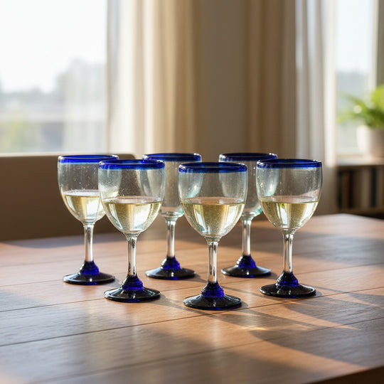 The Talavera Hub hand-blown Mexican wine glasses with cobalt blue rims and bases. Set of 6 recycled glass goblets.