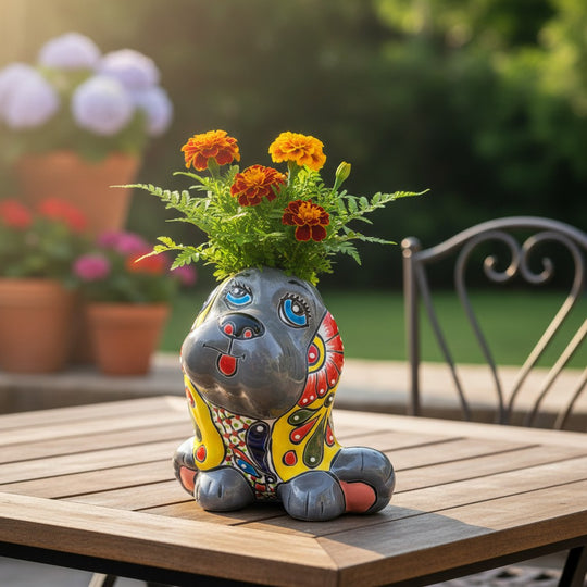 The Talavera Hub medium grey ceramic dog statue with colorful floral patterns and blue eyes.