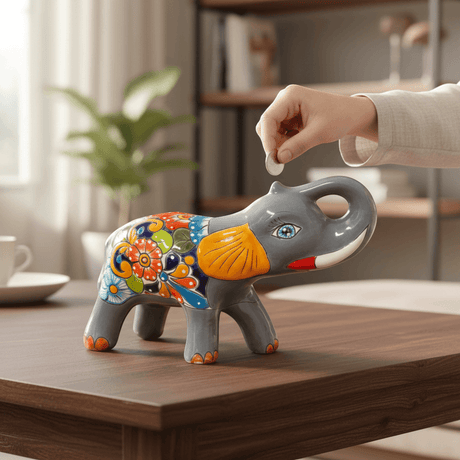 The Talavera Hub grey ceramic elephant coin bank with colorful floral Talavera design, medium size.