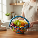 The Talavera Hub colorful hand-painted ceramic fruit basket with floral designs and a braided blue rim.