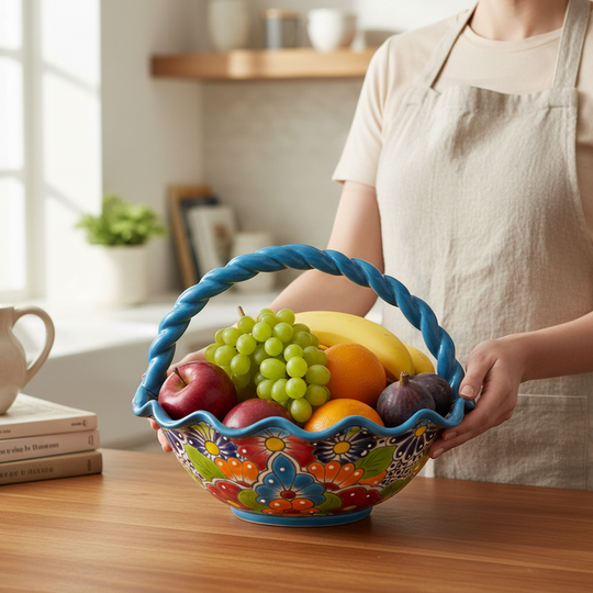 The Talavera Hub colorful hand-painted ceramic fruit basket with floral designs and a braided blue rim.