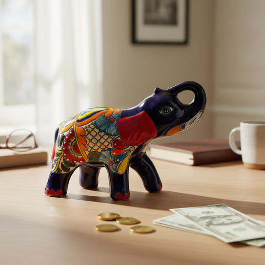 The Talavera Hub handmade blue ceramic elephant coin bank with colorful floral Talavera patterns and red accents.