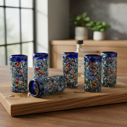 The Talavera Hub hand-blown glass double shot glasses with multicolor confetti accents and blue rims.
