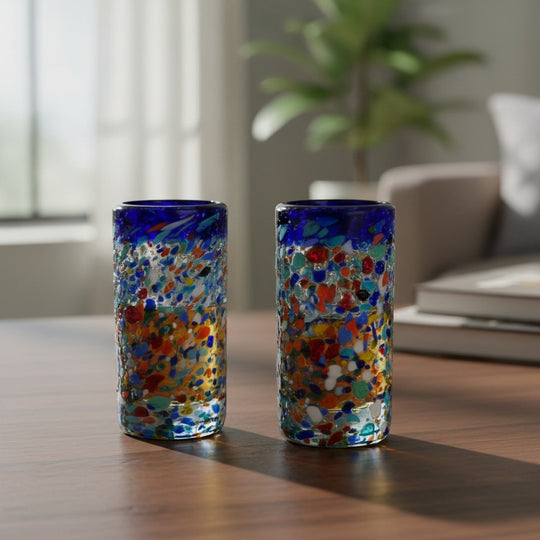 The Talavera Hub hand-blown glass double shot glasses with multicolor confetti accents and blue rims.
