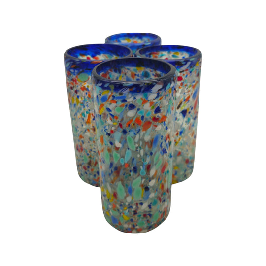 The Talavera Hub hand-blown glass tumblers with confetti pattern and cobalt blue rim. Set of 4.