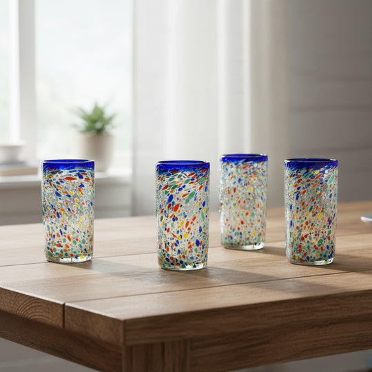 The Talavera Hub hand-blown glass tumblers with confetti pattern and cobalt blue rim. Set of 6.