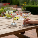 The Talavera Hub hand-blown glass margarita glass with colorful confetti speckle design.
