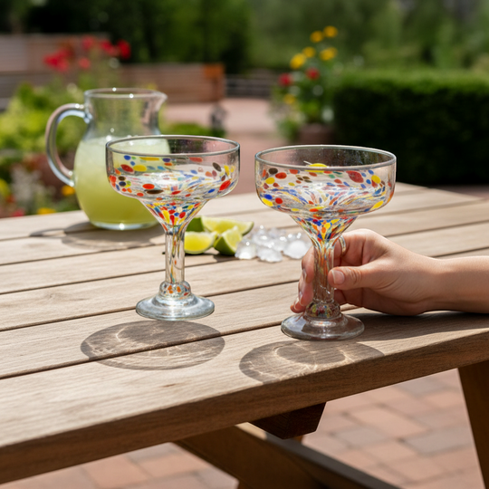 The Talavera Hub hand-blown glass margarita glass with colorful confetti speckle design.