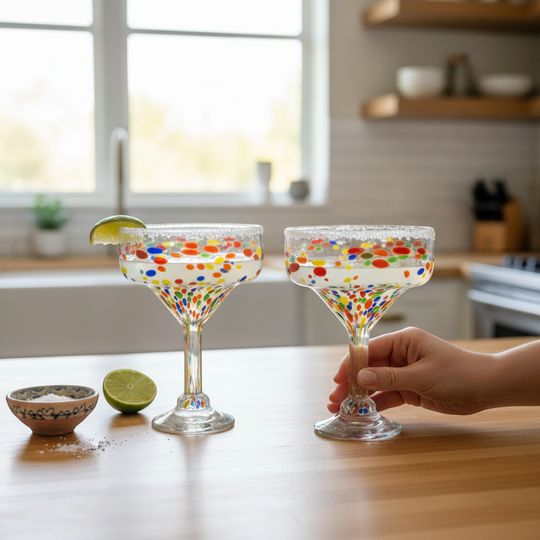 The Talavera Hub hand-blown clear glass margarita glasses with colorful confetti speckle design. Lead-free glass.