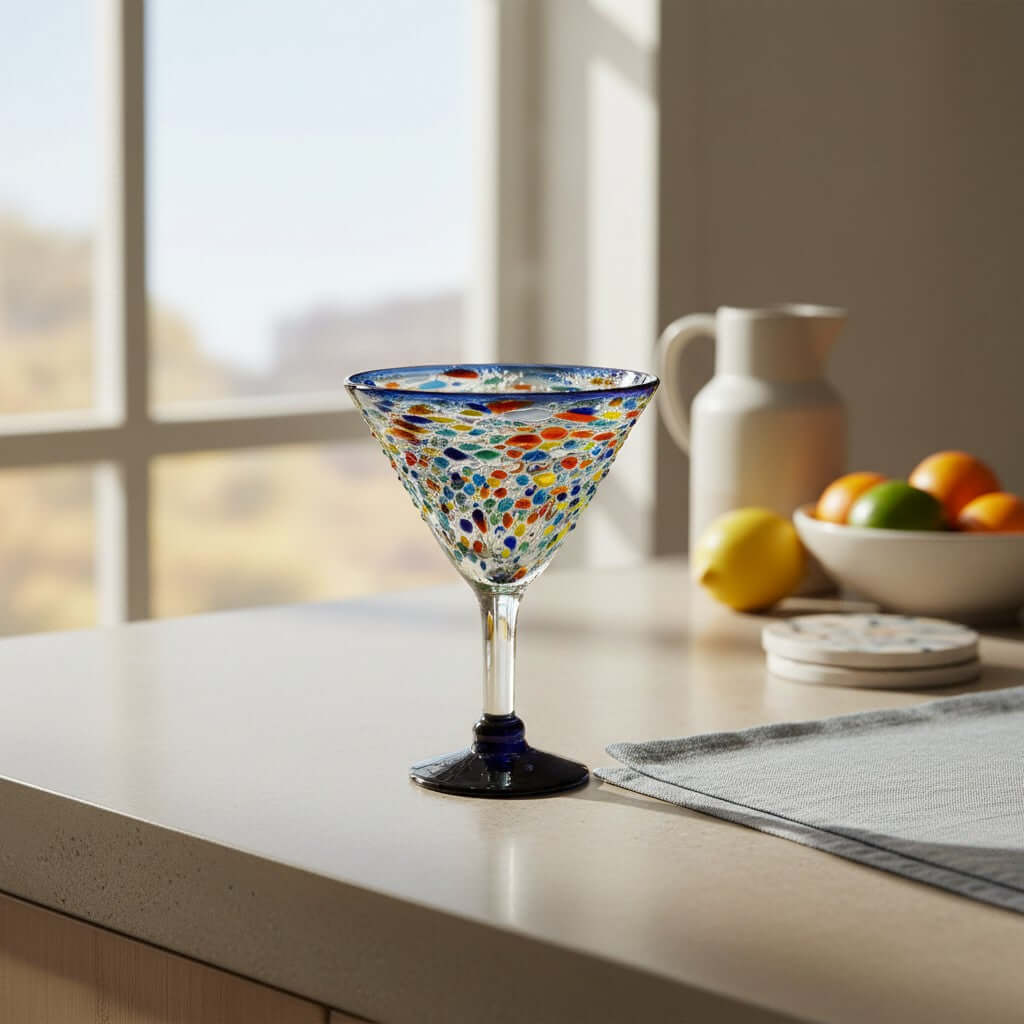 Hand-Blown Confetti Martini Glass Blue Rim | Festive Barware