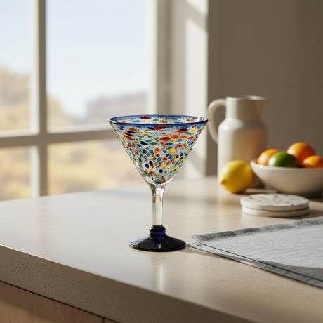The Talavera Hub hand-blown glass martini glass with confetti pattern and blue rim and base. Holds 12 oz.