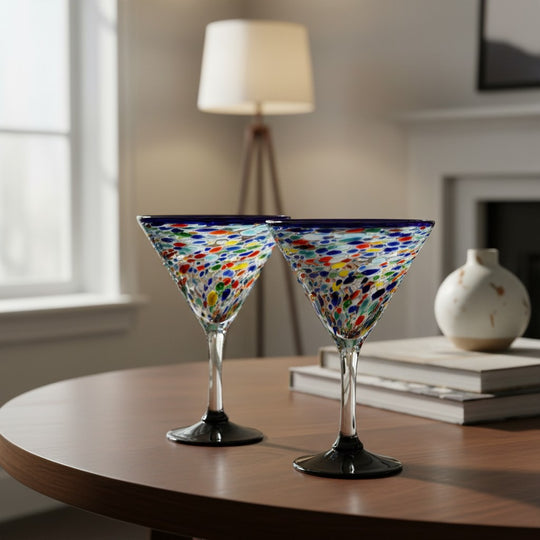 The Talavera Hub hand-blown glass martini glass with confetti pattern and blue rim. Holds 12 oz.