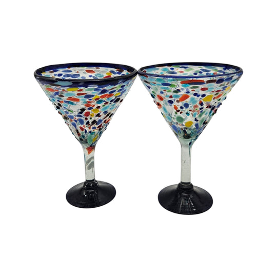 The Talavera Hub hand-blown glass martini glasses with confetti pattern and blue rim. Set of 2.