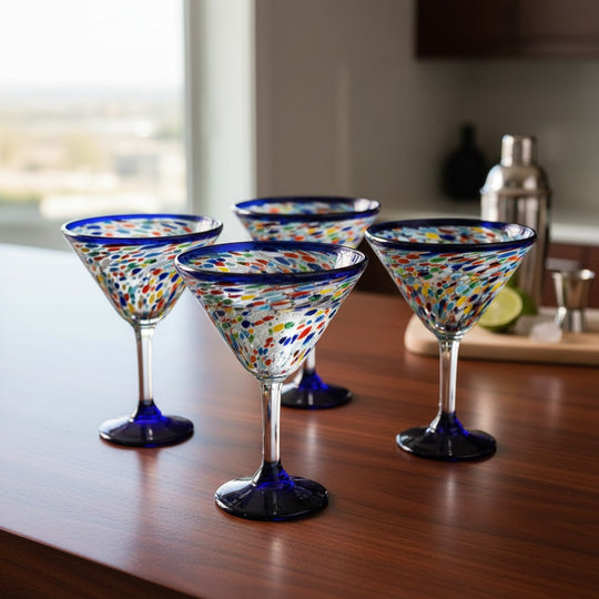 The Talavera Hub hand-blown glass martini glasses with confetti pattern and blue rim. Set of 6.