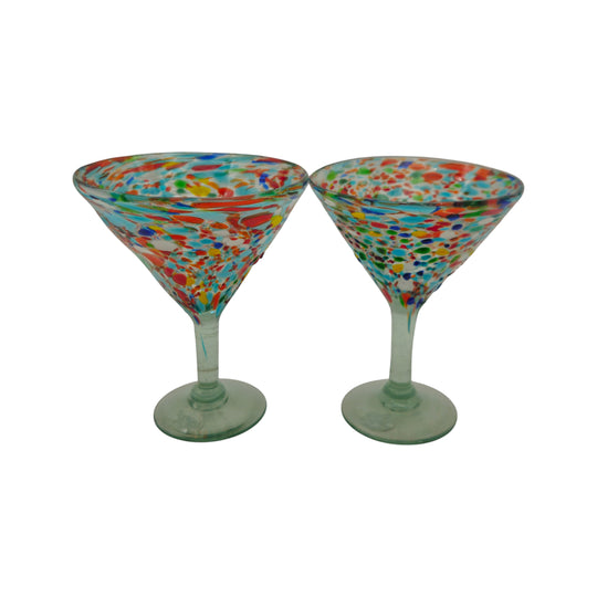 The Talavera Hub Confetti Pebbled Martini Glass, hand-blown recycled glass with colorful speckles and a clear rim. Holds 12 oz.