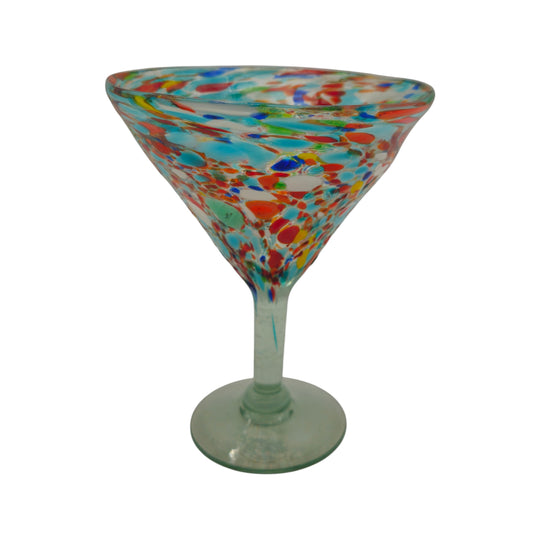 The Talavera Hub Confetti Pebbled Martini Glass, hand-blown recycled glass with colorful confetti pattern and clear rim.