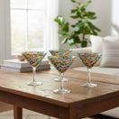 The Talavera Hub Confetti Pebbled Martini Glasses, hand-blown recycled glass with colorful confetti pattern. Set of 6.