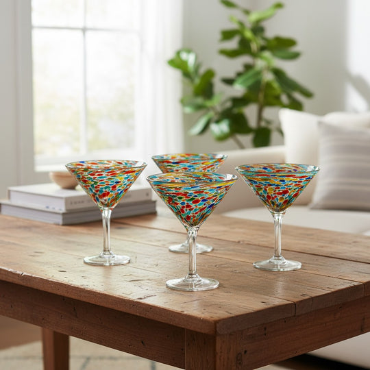 The Talavera Hub Confetti Pebbled Martini Glasses, hand-blown recycled glass with colorful confetti pattern. Set of 6.