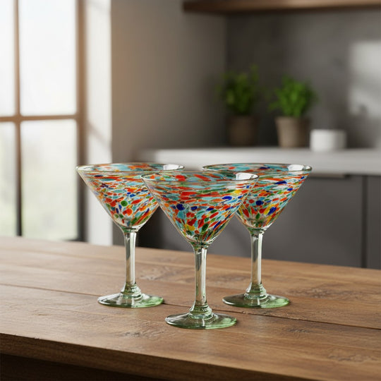The Talavera Hub Confetti Pebbled Martini Glasses - Set of 4, hand-blown recycled glass with colorful confetti flecks.